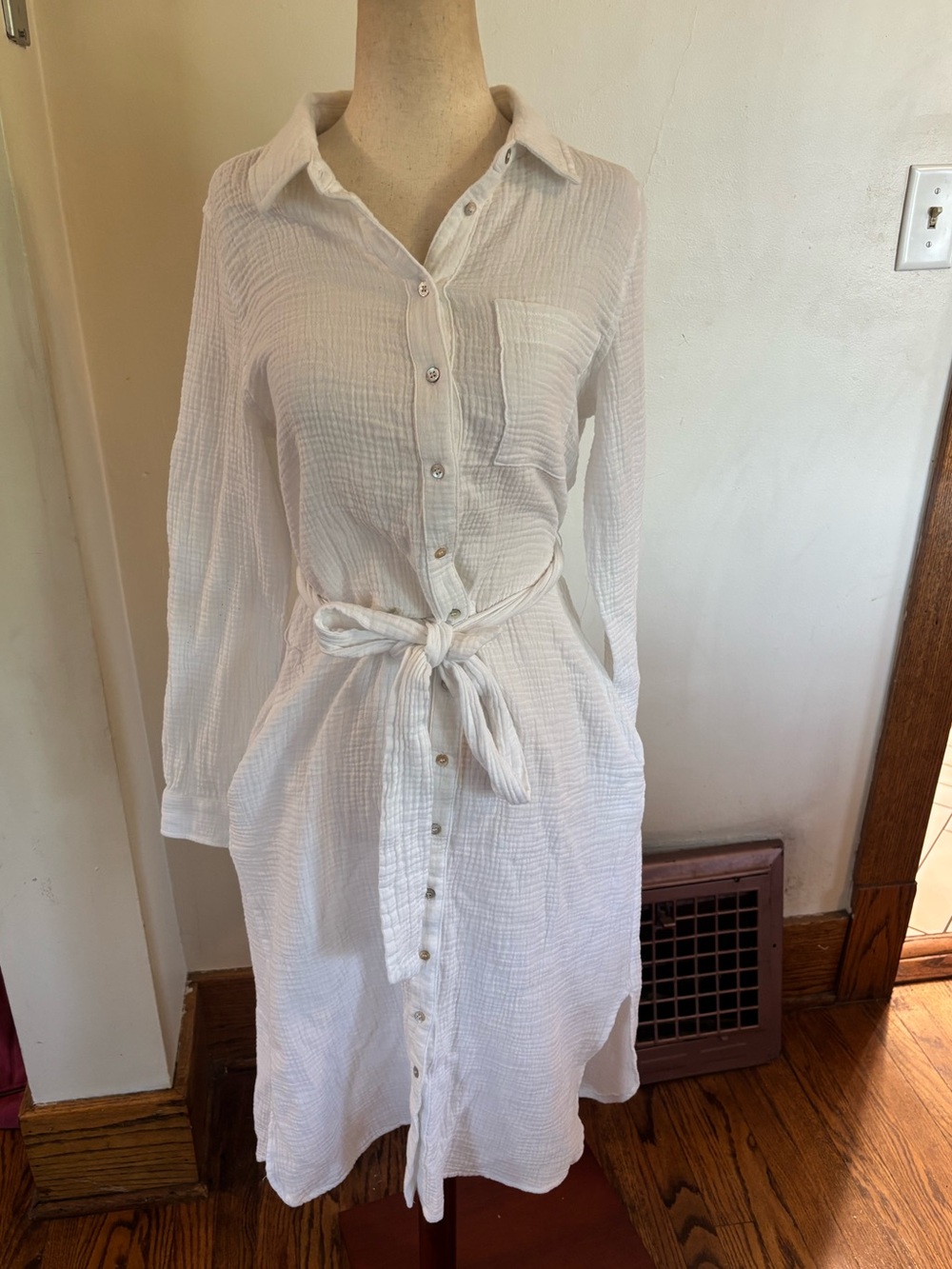 Megaschoni White Organic Cotton Gauze Shirt Dress Tunic Cover Up M Boho Coastal